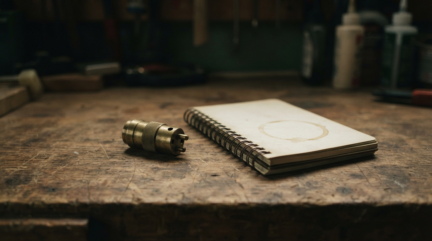 A single brass plug resting on a workbench beside a notepad