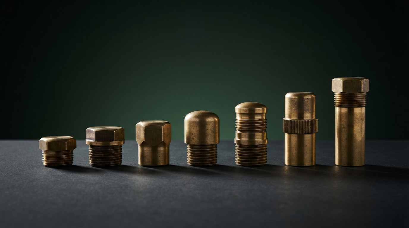 Seven brass plugs standing upright in a row, shortest to tallest