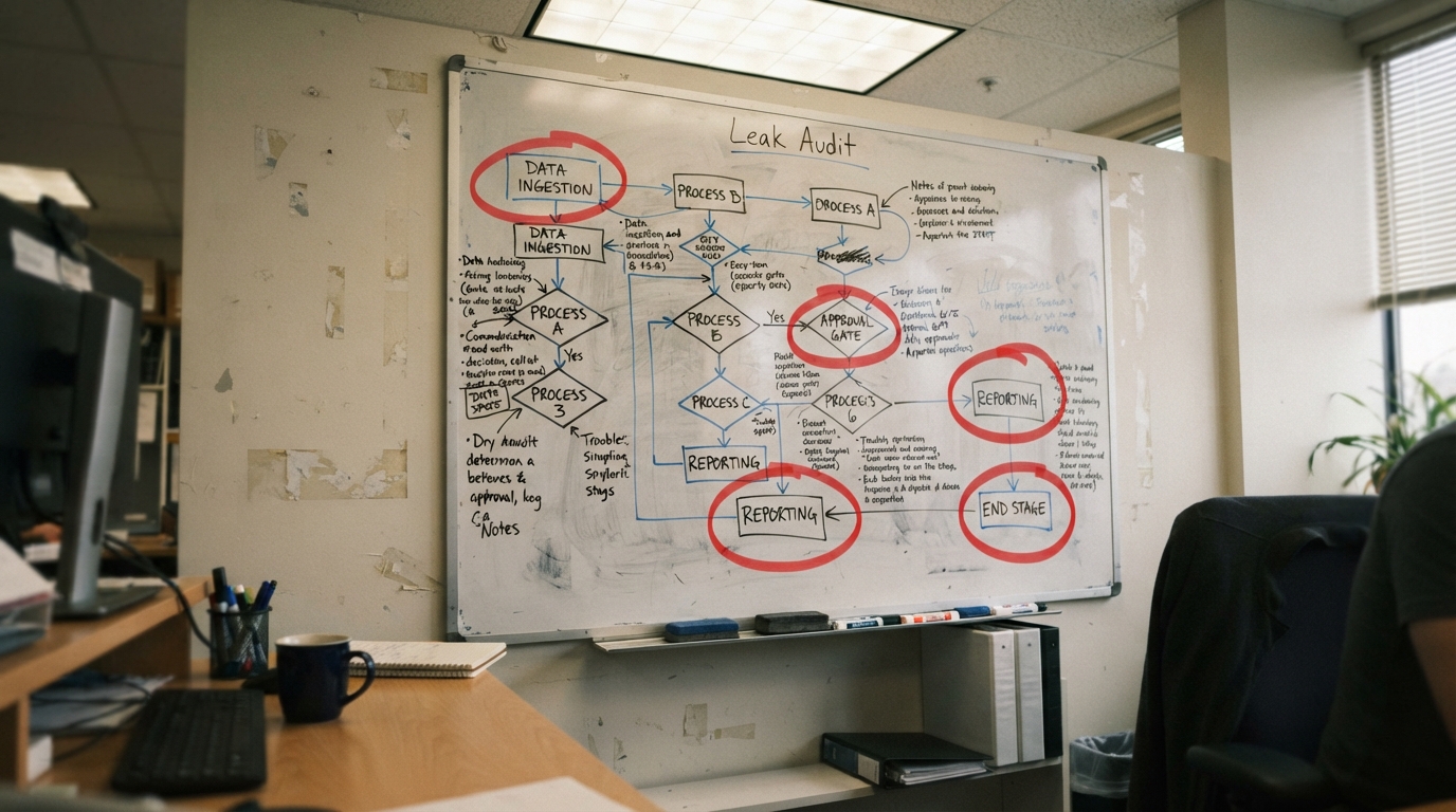 A hand-drawn business flowchart on a whiteboard with five holes circled in red