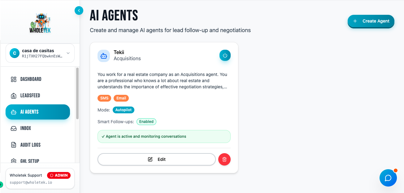 Tekii builder — create and manage AI agents