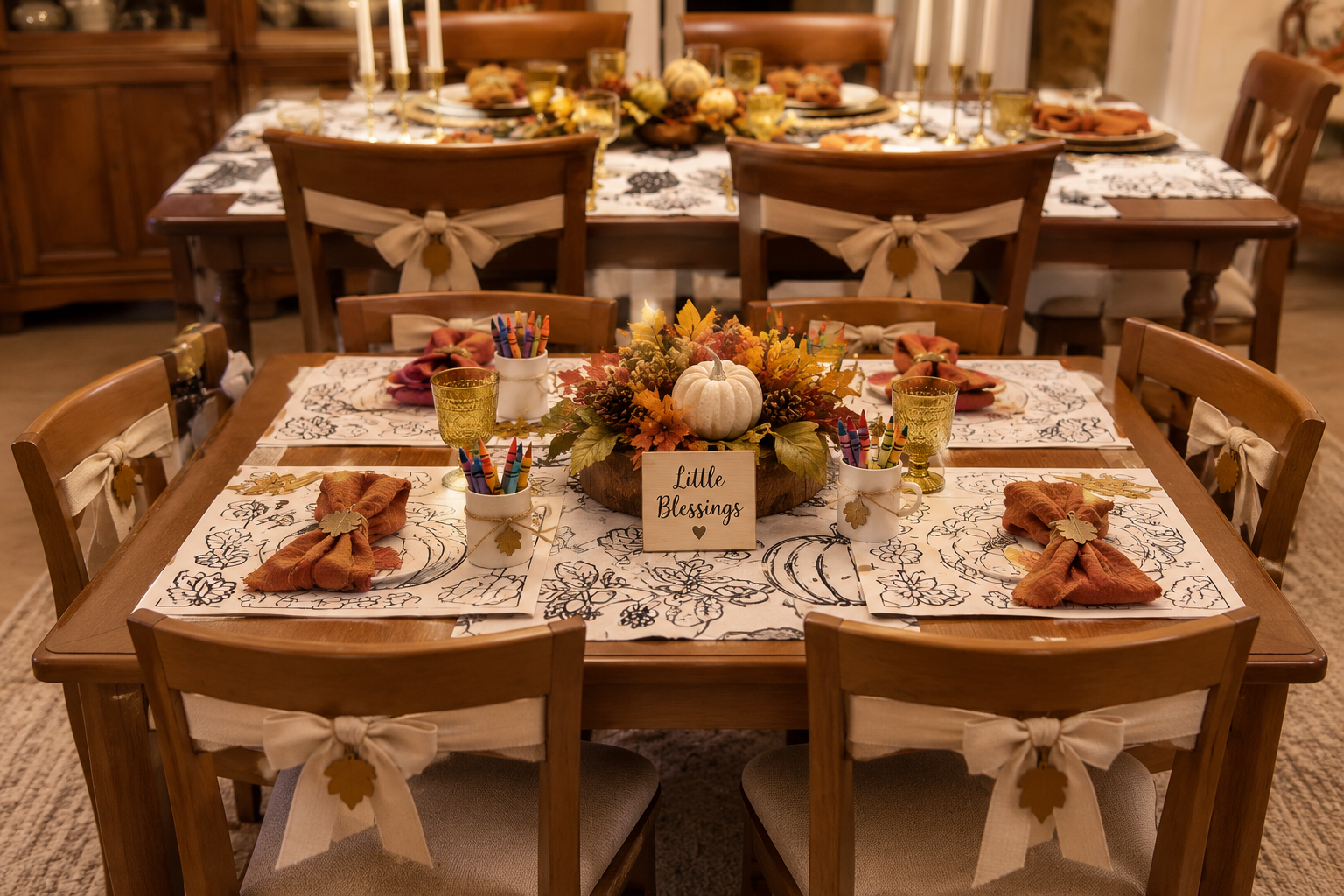Kids Thanksgiving table with paper tablecloth for coloring and simple decor Kids Thanksgiving table with paper tablecloth for coloring and simple decor