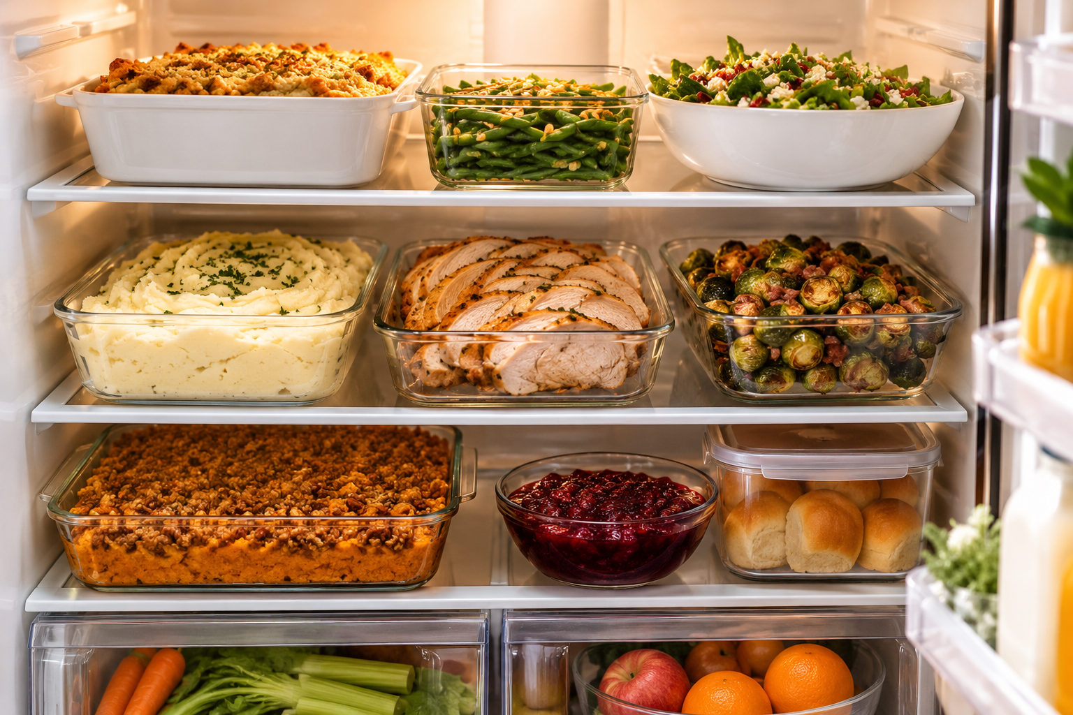 Prepped Thanksgiving dishes neatly stored in the refrigerator Prepped Thanksgiving dishes neatly stored in the refrigerator