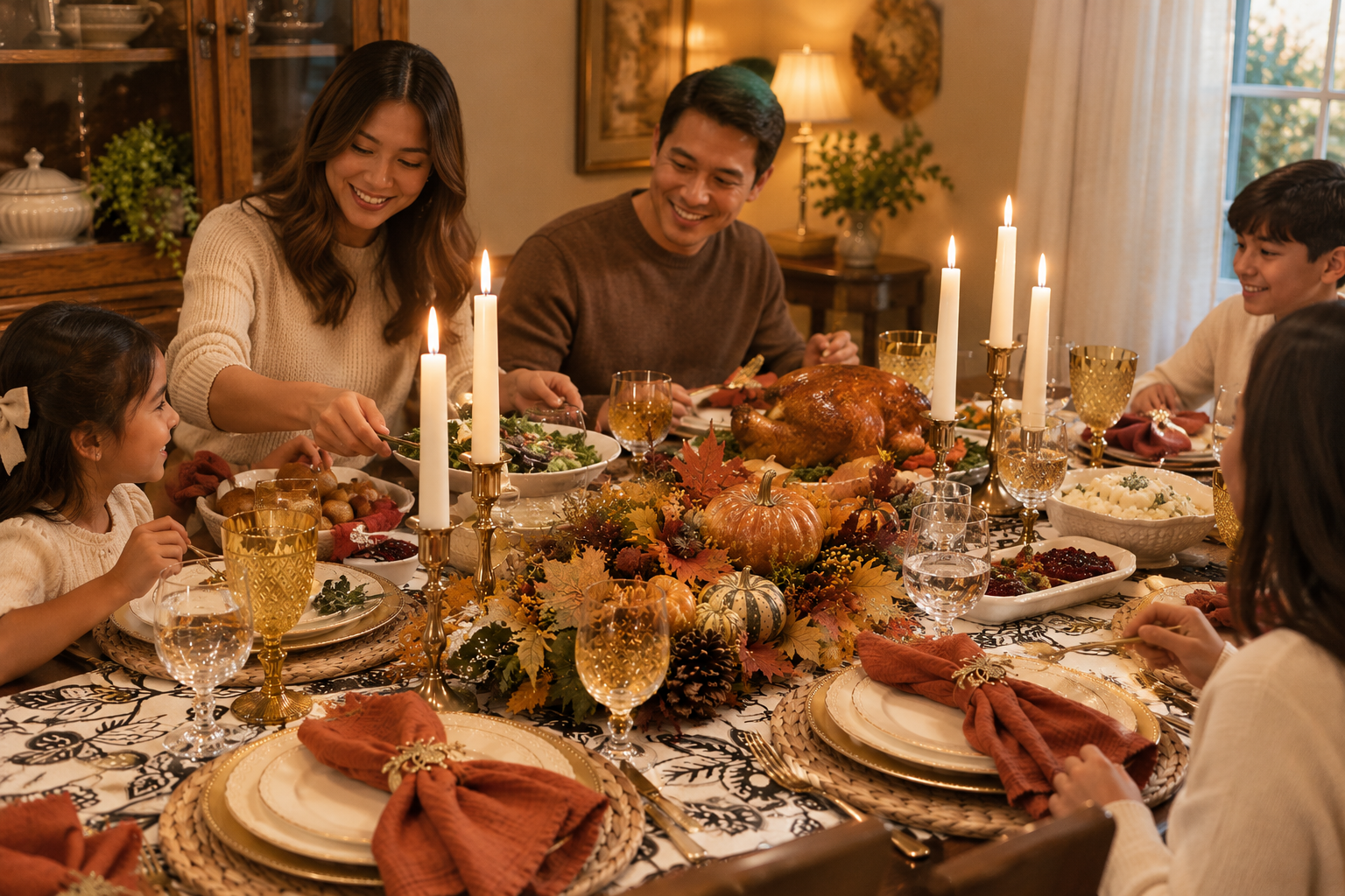 Family gathered around the Thanksgiving table enjoying dinner together Family gathered around the Thanksgiving table enjoying dinner together
