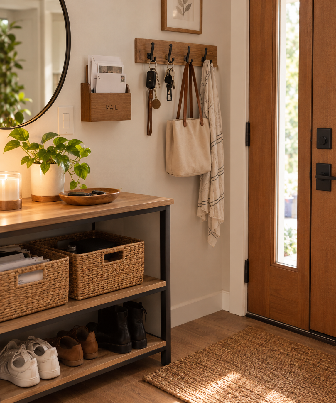 Tidy entryway with hooks, bench, and organized landing zone by the door Tidy entryway with hooks, bench, and organized landing zone by the door