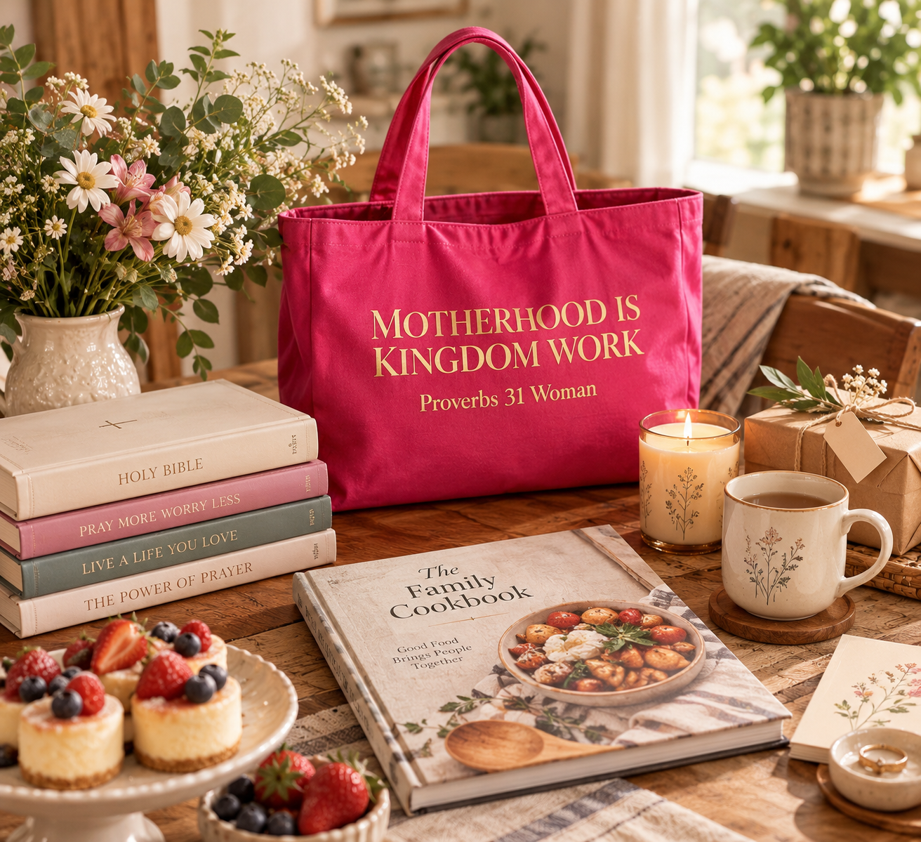 Professionally styled neutral flat lay of Welcome Home gifts grouped together Professionally styled neutral flat lay of Welcome Home gifts grouped together