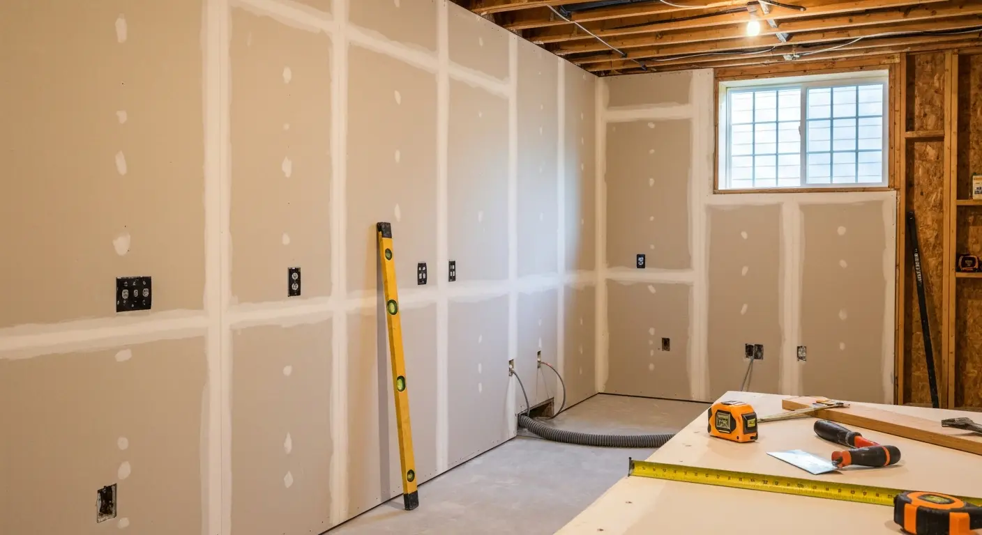 Basement finishing project with new walls and flooring