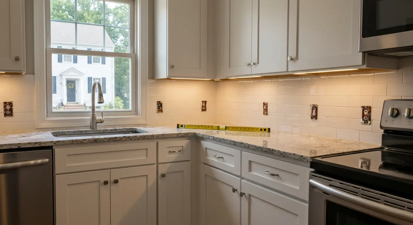 Kitchen remodel showing new counters and appliances