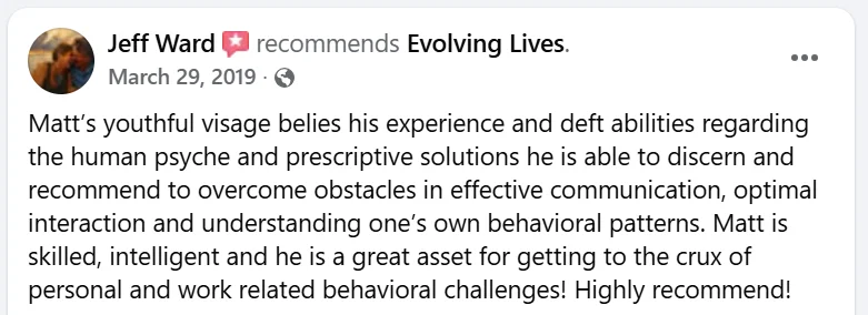 Facebook recommendation from Jeff Ward about working with Matt Swartz