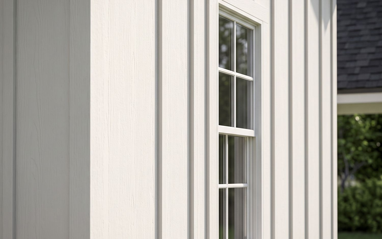 Vertical board and batten siding, narrow battens covering each joint
