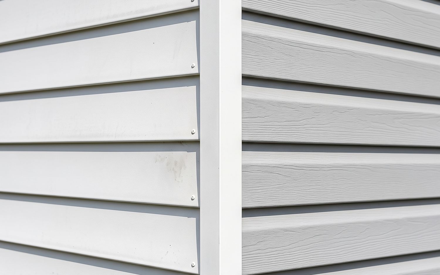 Metal lap siding meeting at an outside corner post, the joint and the narrow shadow line that identify aluminum and steel siding