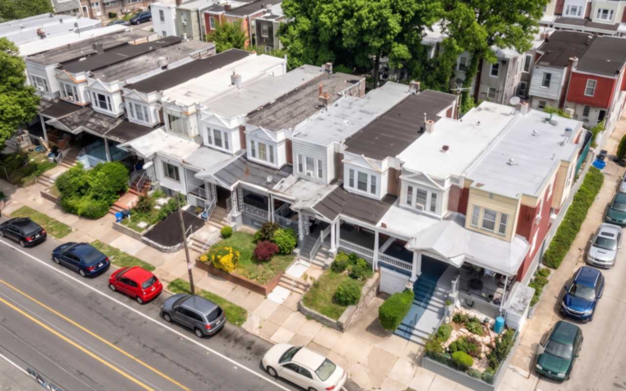 Porch-front twins with flat rear roofs and deep cornices along Germantown Avenue