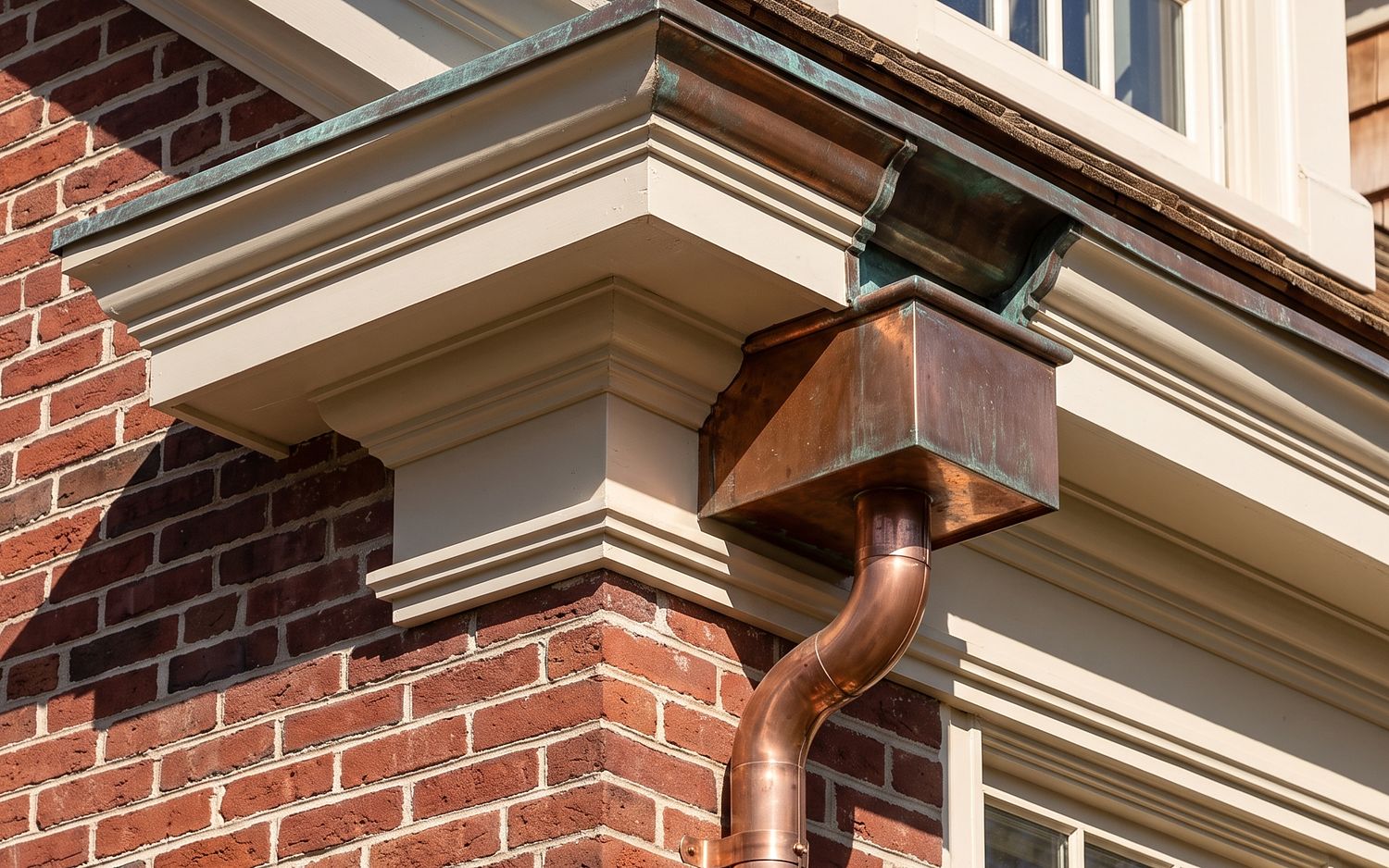 A built-in box gutter lined and set into the roof edge behind the cornice