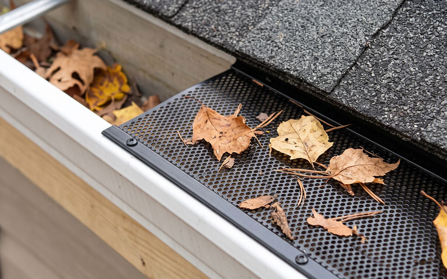 Micro-mesh gutter guard fitted over the gutter mouth under heavy tree cover
