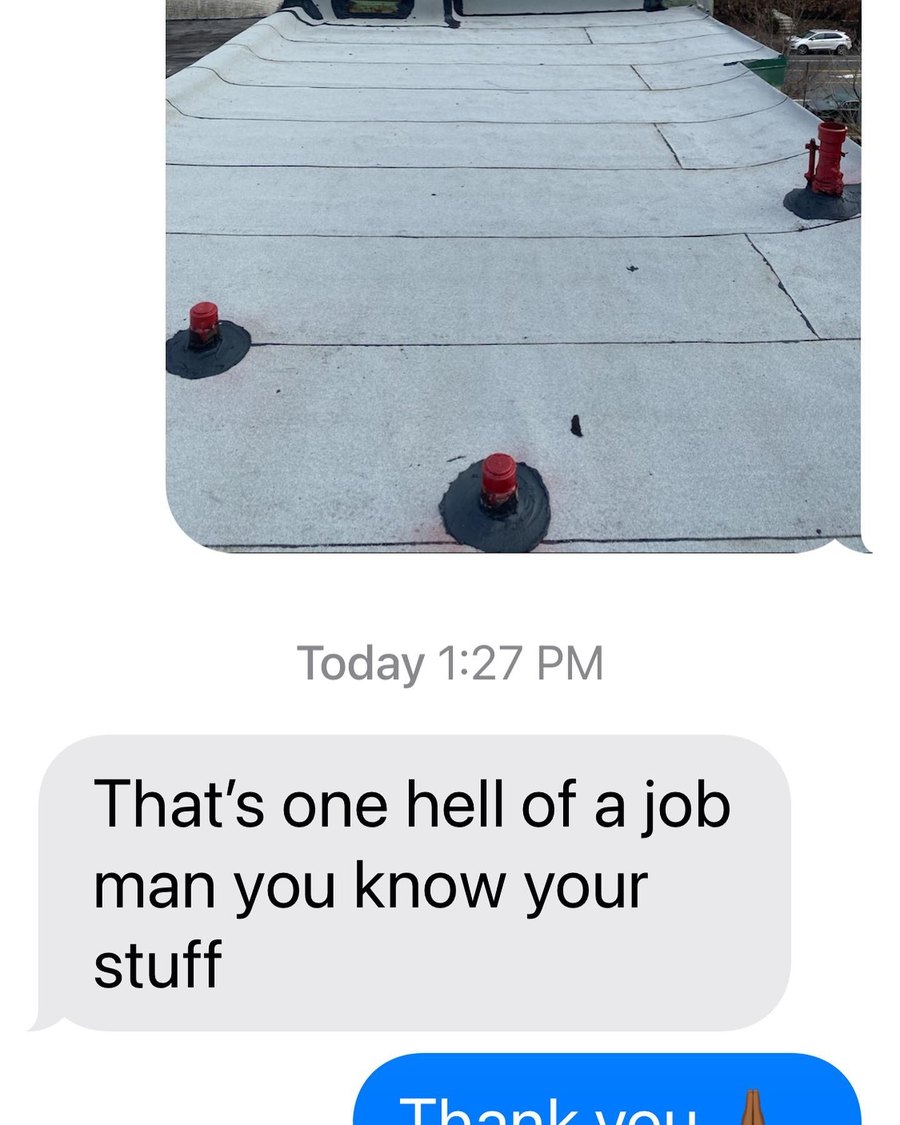 Text message from an MG Roofing customer: “That’s one hell of a job man you know your stuff”, sent with a photo of the finished roof