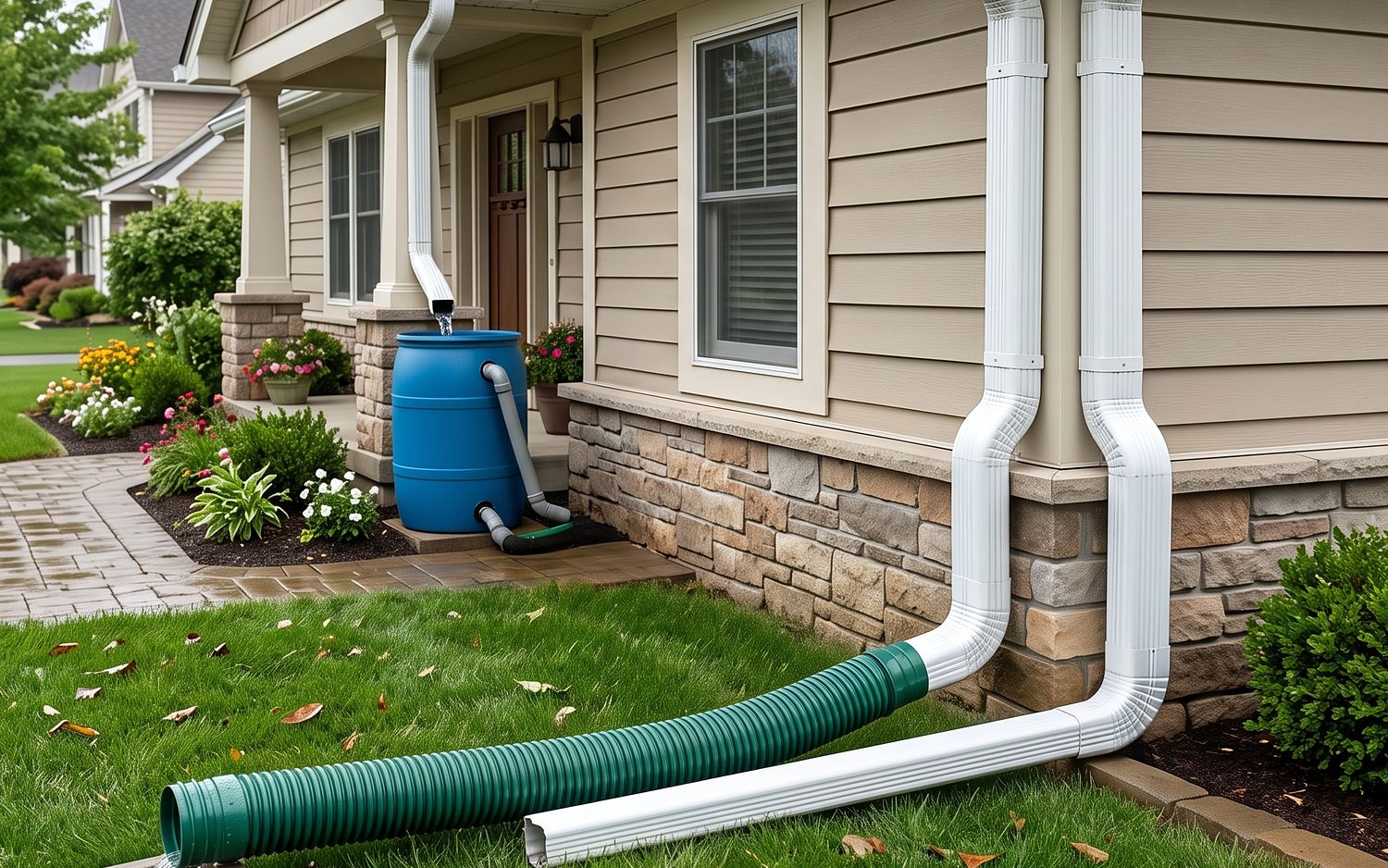 A downspout and extension carrying water away from the foundation