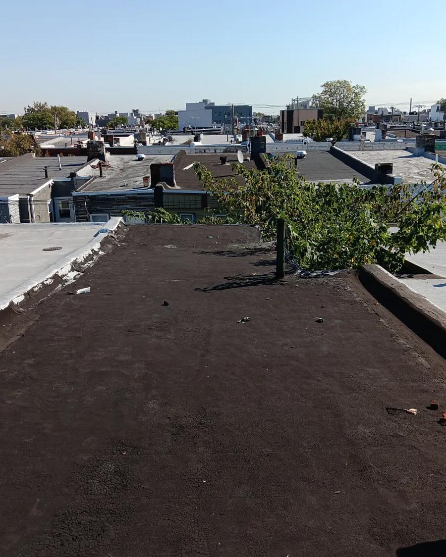 Worn brown flat roof with debris and overgrowth before tear-off
