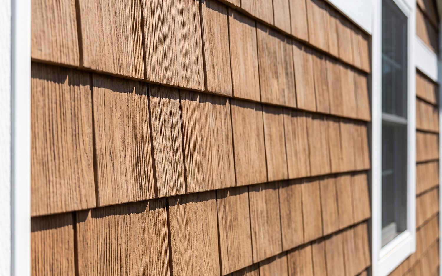 Cedar-shake profile vinyl in staggered courses on a gable