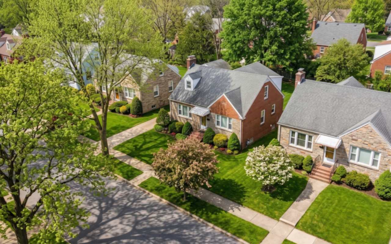 Stone singles and capes with steep pitched roofs on deep lots along the Old York Road corridor