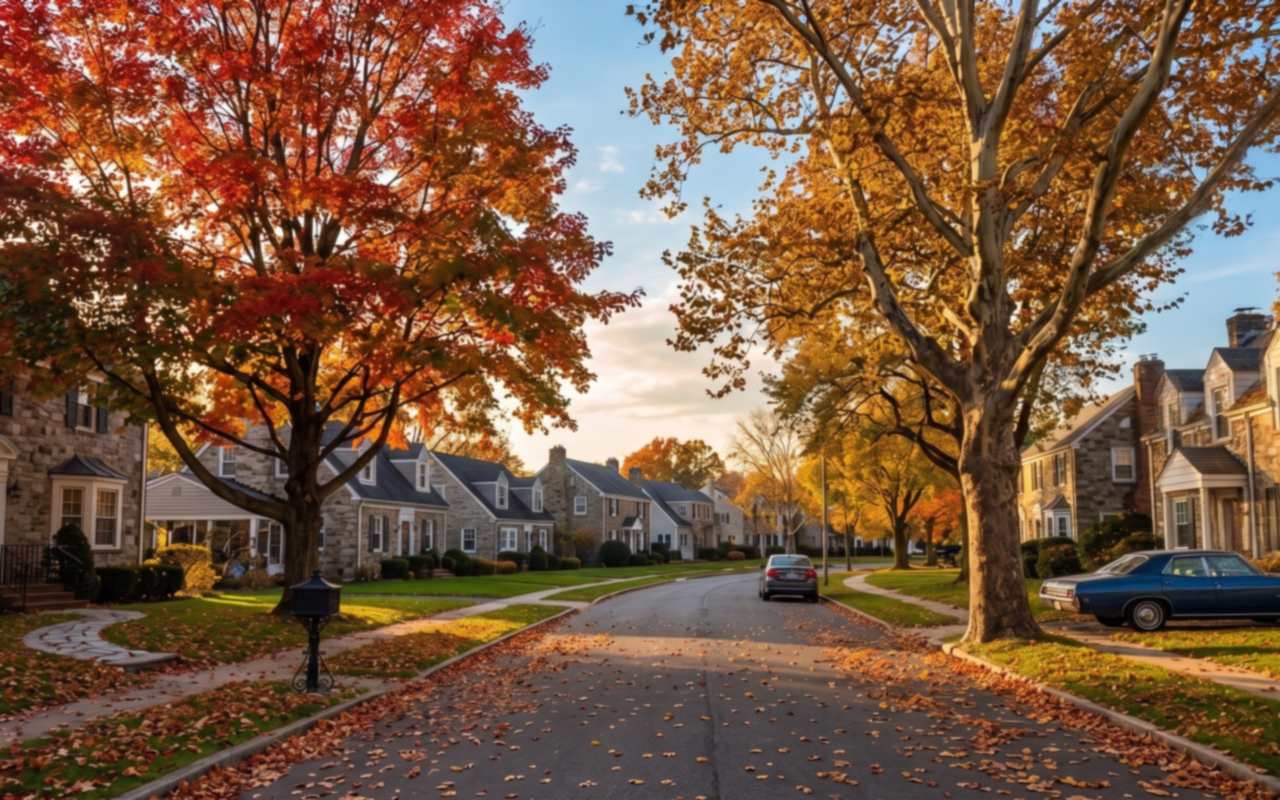 Stone colonials and capes with steep pitched roofs on a tree-lined Havertown street in autumn