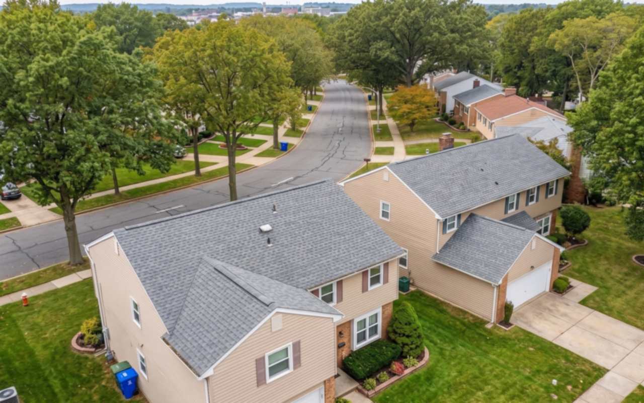 Postwar split-levels and singles with shallow-pitch shingle roofs in Lower Bucks County