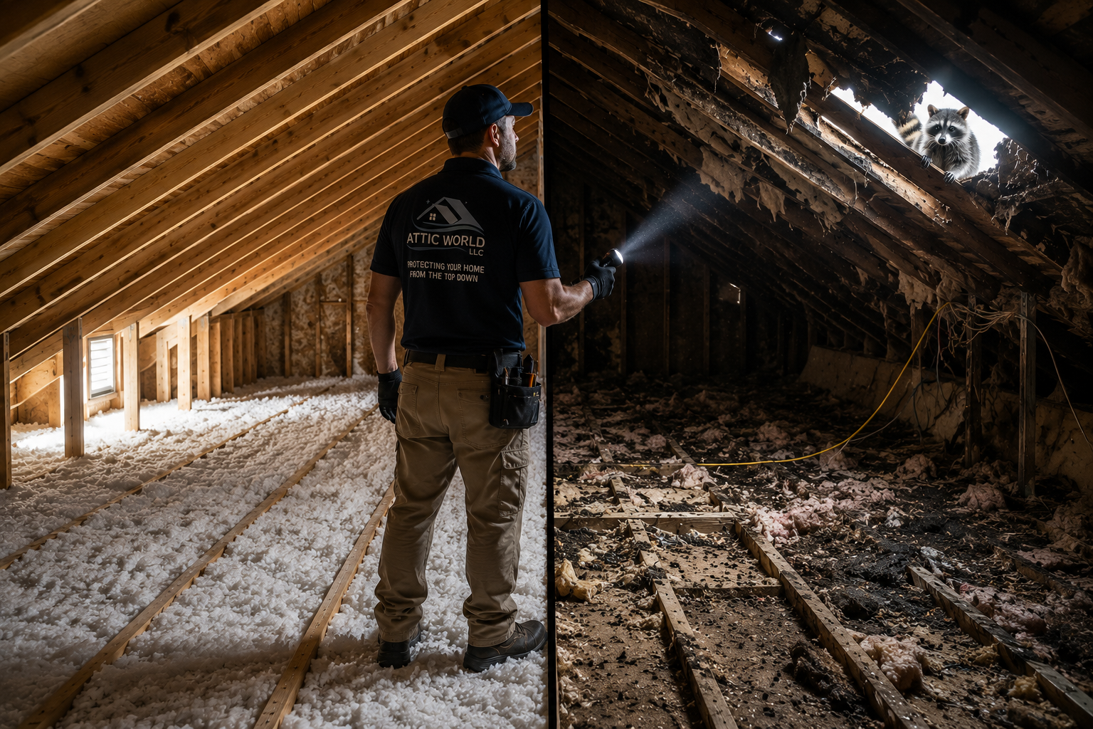 a professional from Attic World making a positive impact with insulation and wildlife removal