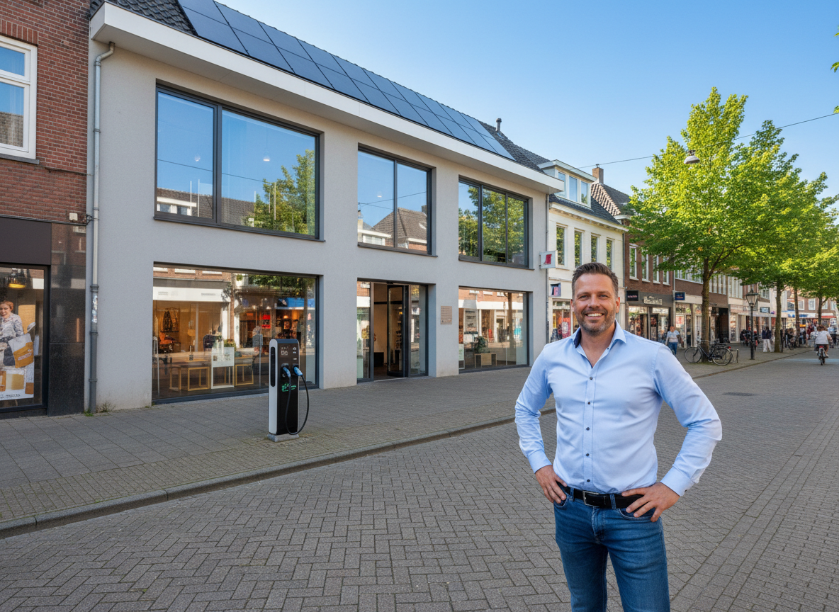 Ondernemer in Limburg met thuisbatterij en zonnepanelen op het bedrijfspand Ondernemer in Limburg met thuisbatterij en zonnepanelen op het bedrijfspand