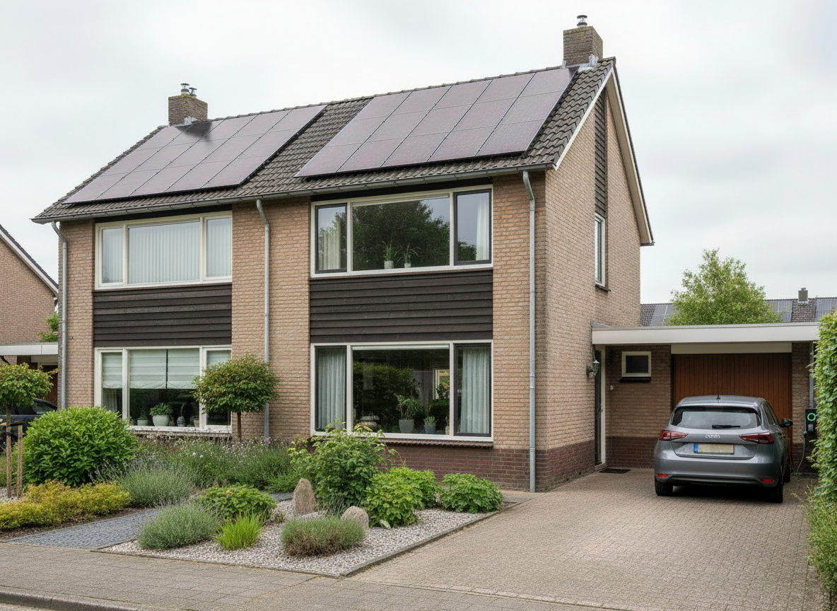 Woning in Limburg met zonnepanelen als sfeerbeeld voor thuisbatterij en energieopslag Woning in Limburg met zonnepanelen als sfeerbeeld voor thuisbatterij en energieopslag