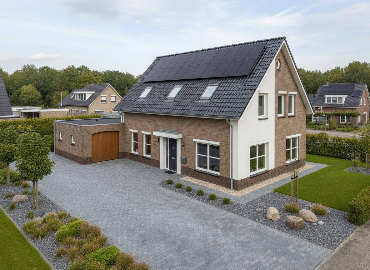 Woning in Limburg met zonnepanelen en zichtbare thuisbatterij als sfeerbeeld voor energieopslag Woning in Limburg met zonnepanelen en zichtbare thuisbatterij als sfeerbeeld voor energieopslag