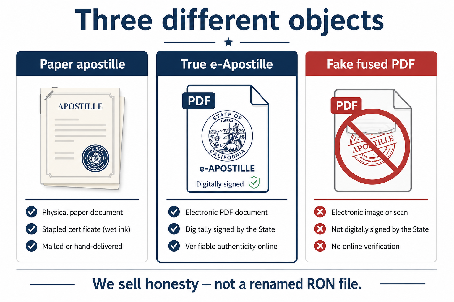 Three different objects — paper apostille, true e-Apostille, fake fused PDF Three different objects — paper apostille, true e-Apostille, fake fused PDF