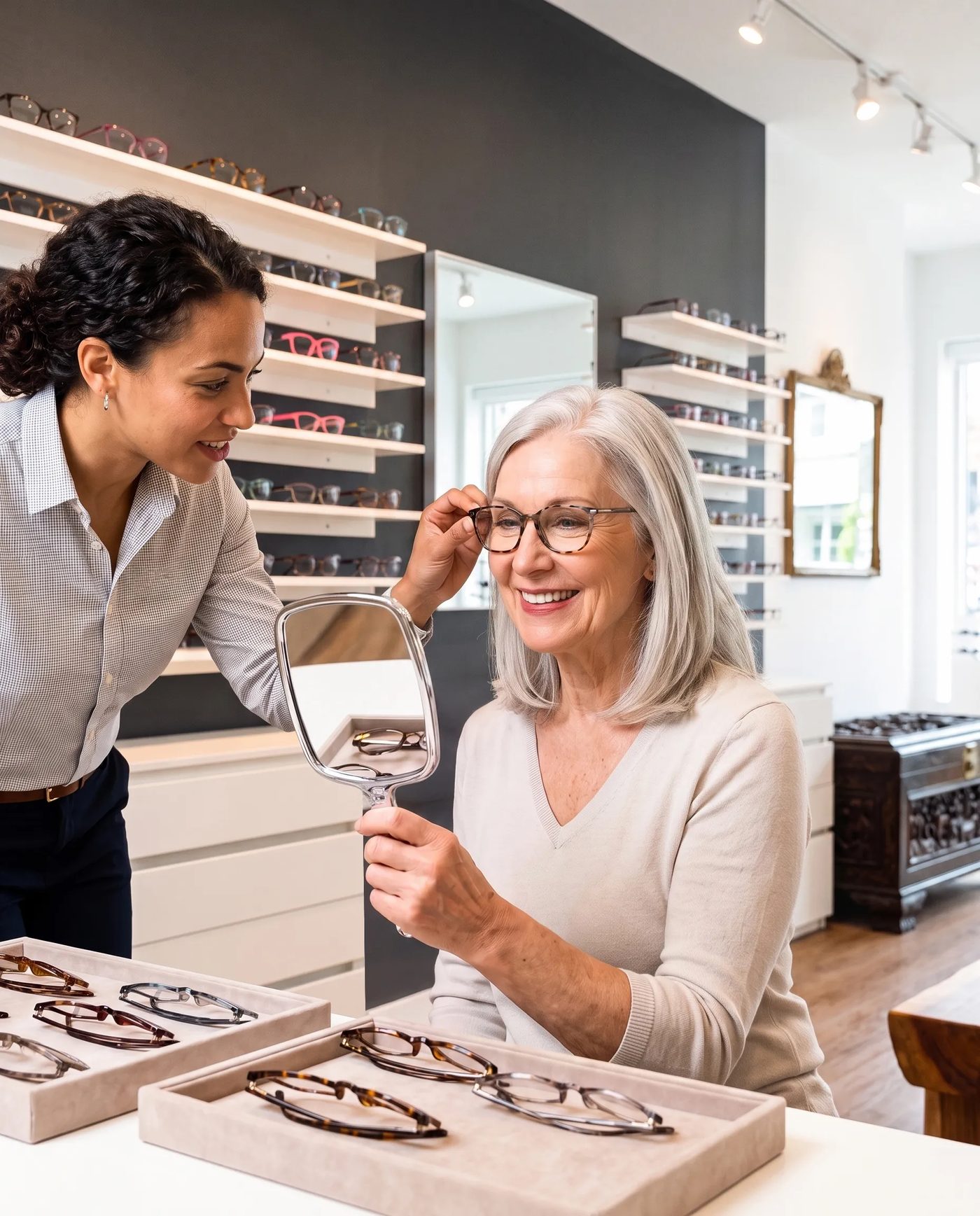An optician helping a patient find the right frames at Summerhill Optometry