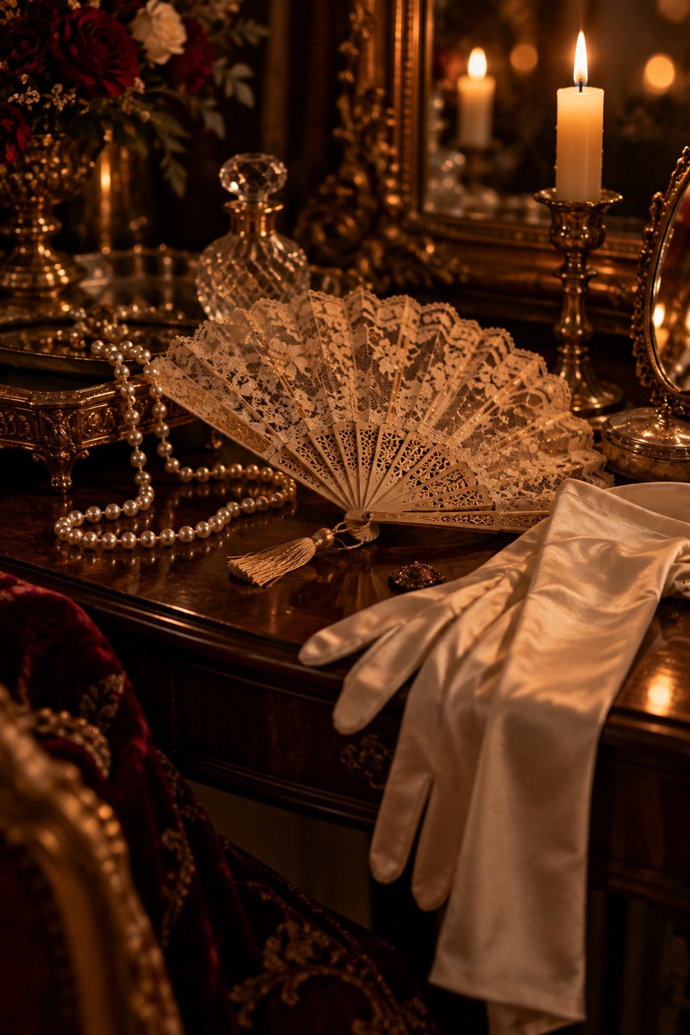 A lace fan, pearls and satin gloves on a vanity