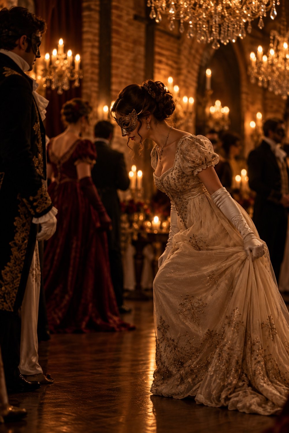 A masked lady in an empire-waist gown mid-curtsy in a candlelit hall