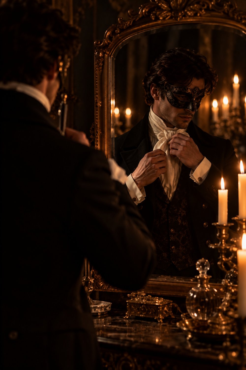 A masked gentleman adjusting his cravat in a gilt mirror