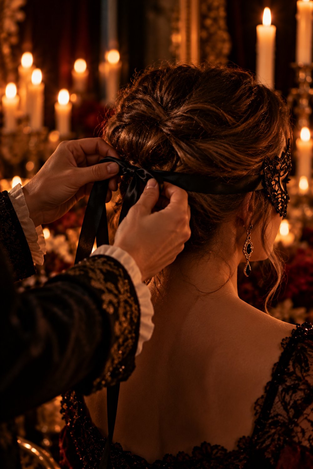Hands tying the ribbon of a lace mask