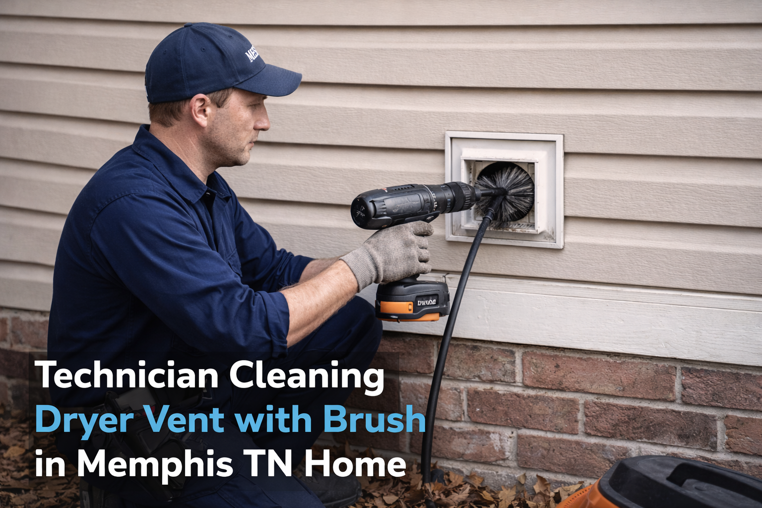 Technician cleaning dryer vent with brush in Memphis, TN home