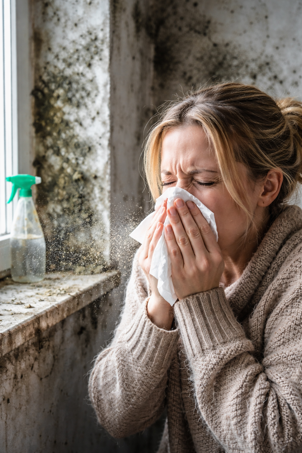 Woman sneezing from mold exposure inside damp home with visible wall mold growth causing indoor air quality issues in Memphis TN