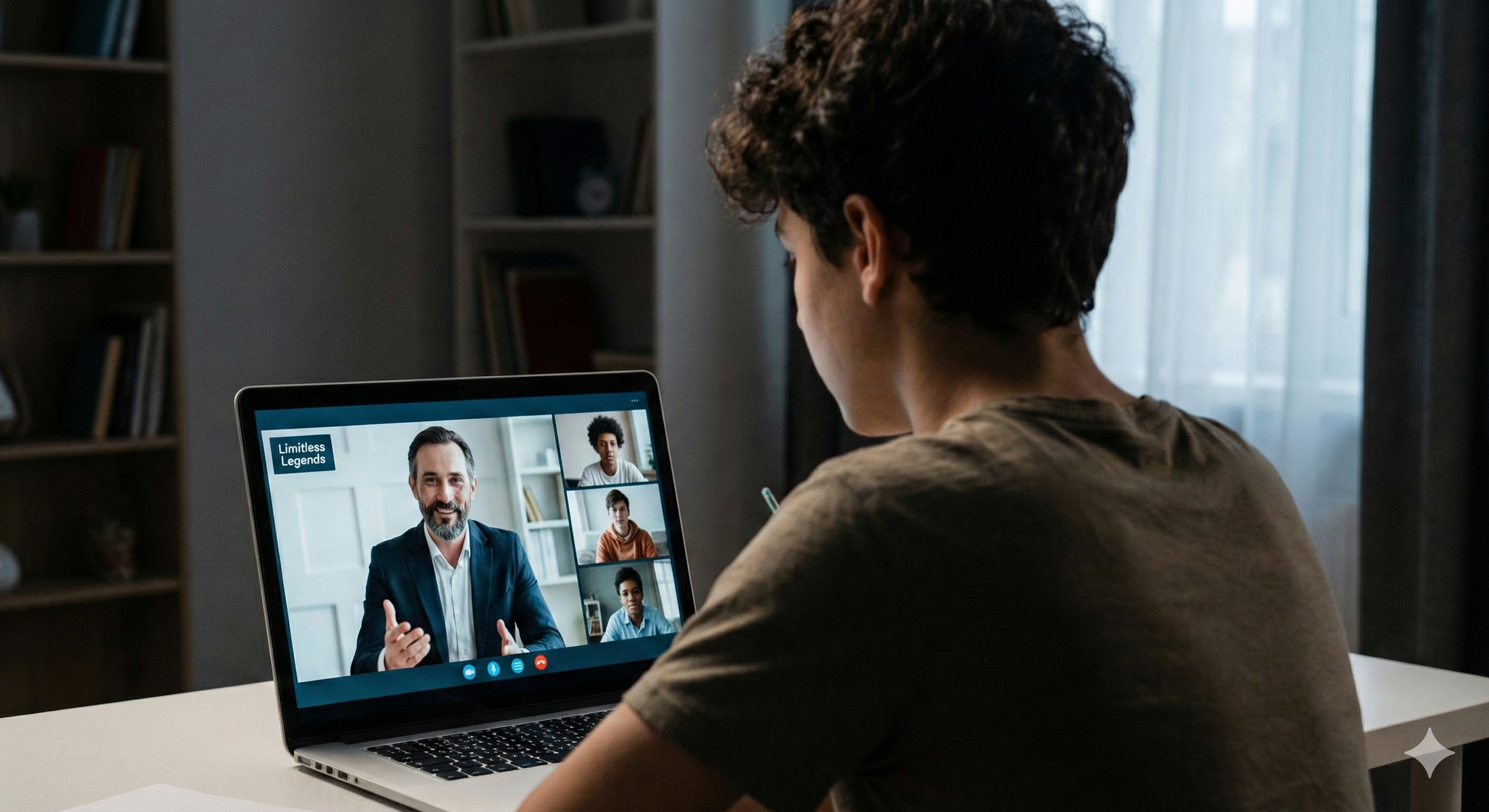 A candid photo of a young man seated at a small desk in a modest bedroom, thoughtful expression, photorealistic documentary style.