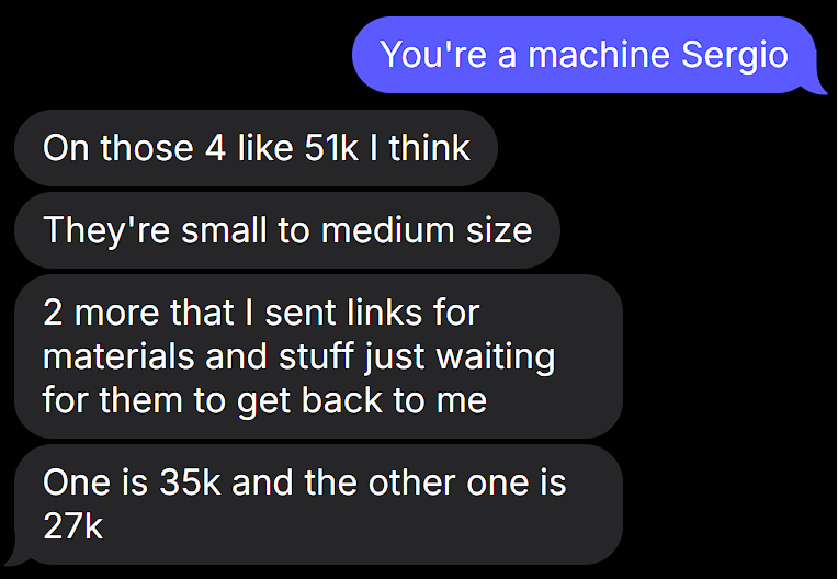 Client text: 4 jobs around 51k, two more quotes out at 35k and 27k