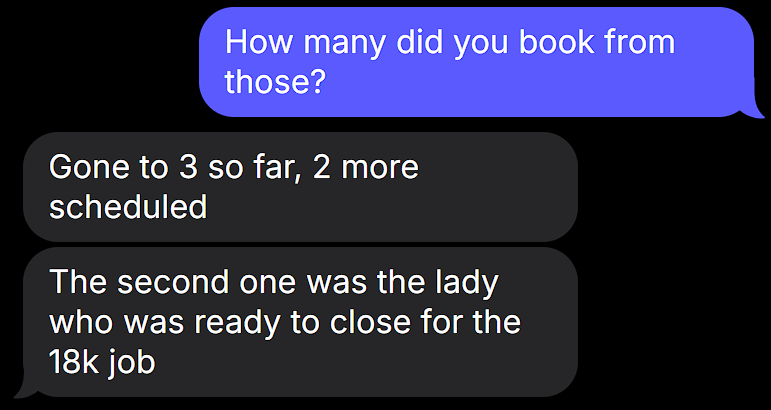 Client text: closed another 30k master bath deal, now quoting an 80k job