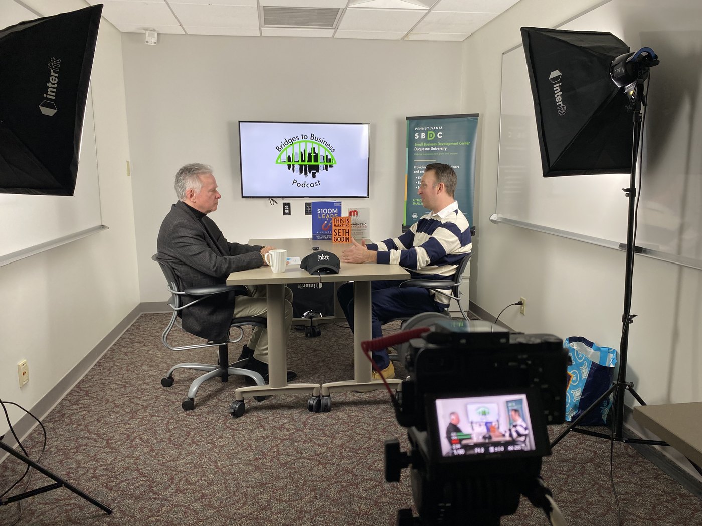 RJ Huebert recording the Bridges to Business podcast at the Duquesne SBDC