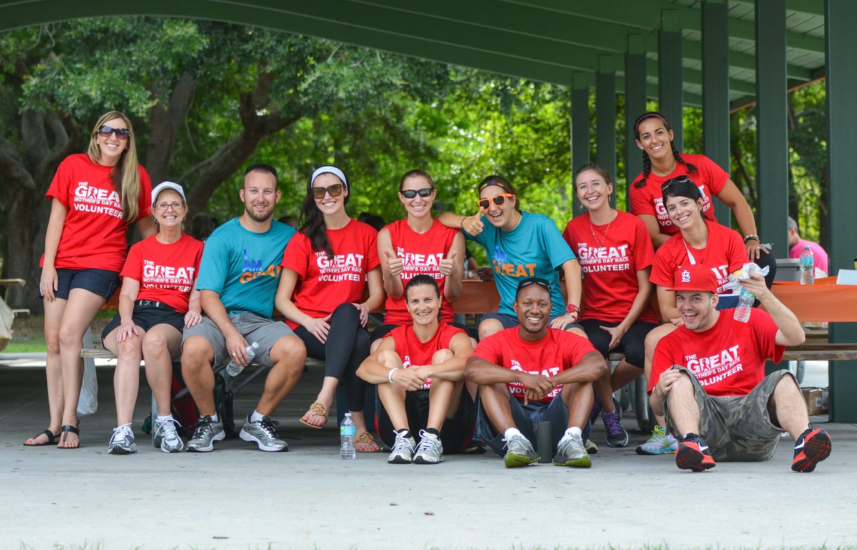 The Great Mother's Day Race volunteer crew gathered at a Tampa park pavilion