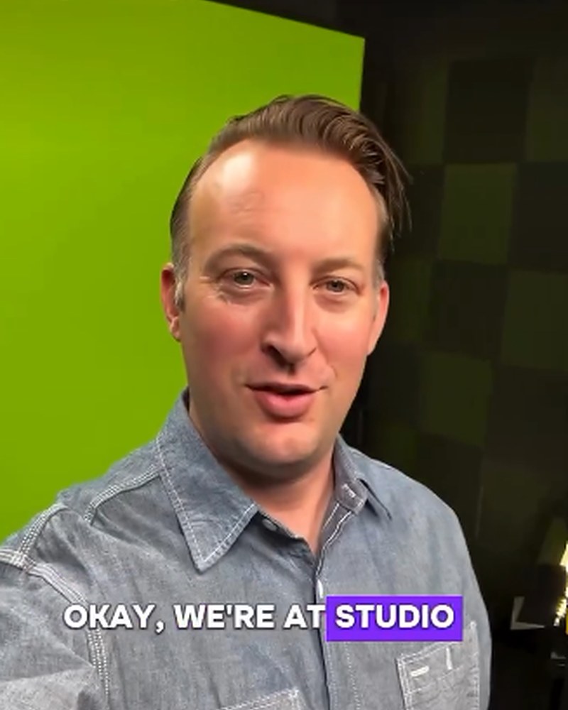 RJ in front of a green screen — “Okay, we’re at Studio”