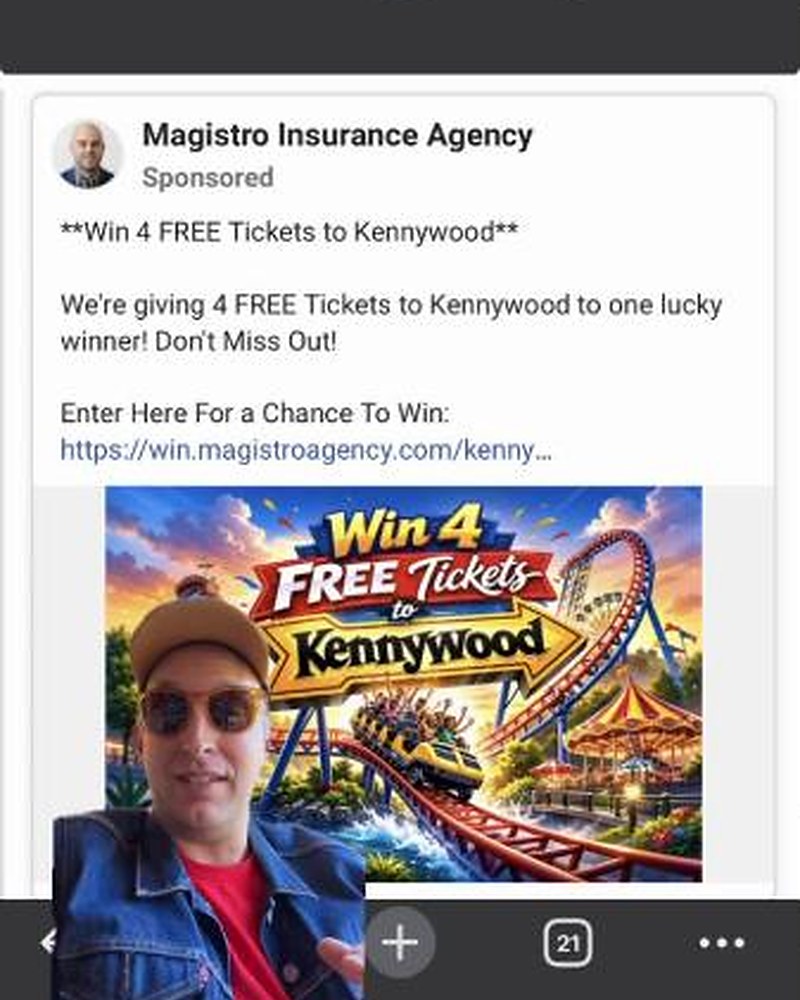 A Magistro Insurance lead gen ad spotted in the wild — Win 4 Free Tickets to Kennywood
