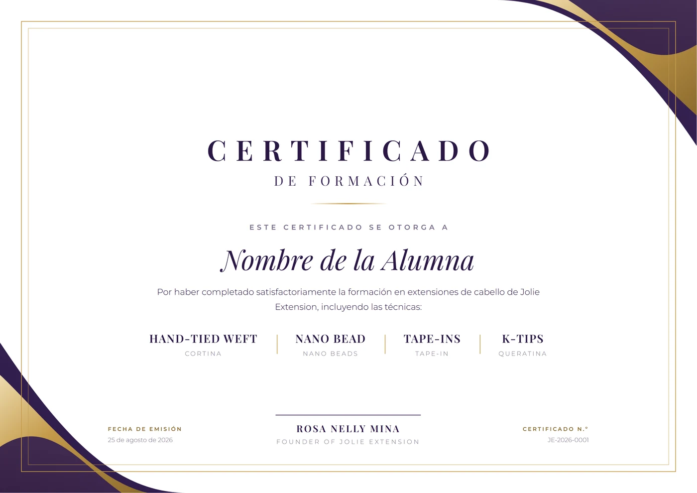 Certificado de formación de Jolie Extension