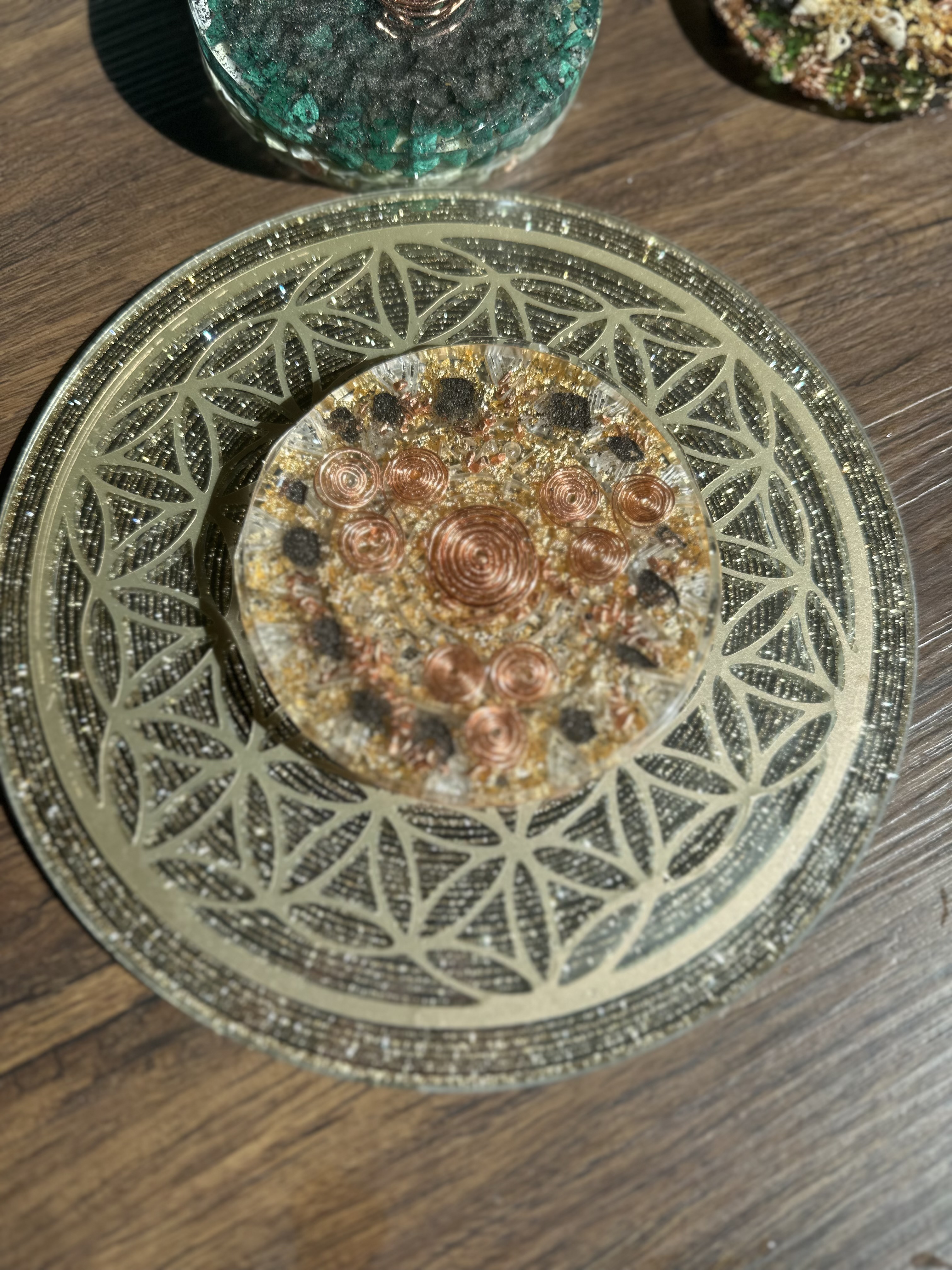 Orgone coaster on Flower of Life plate