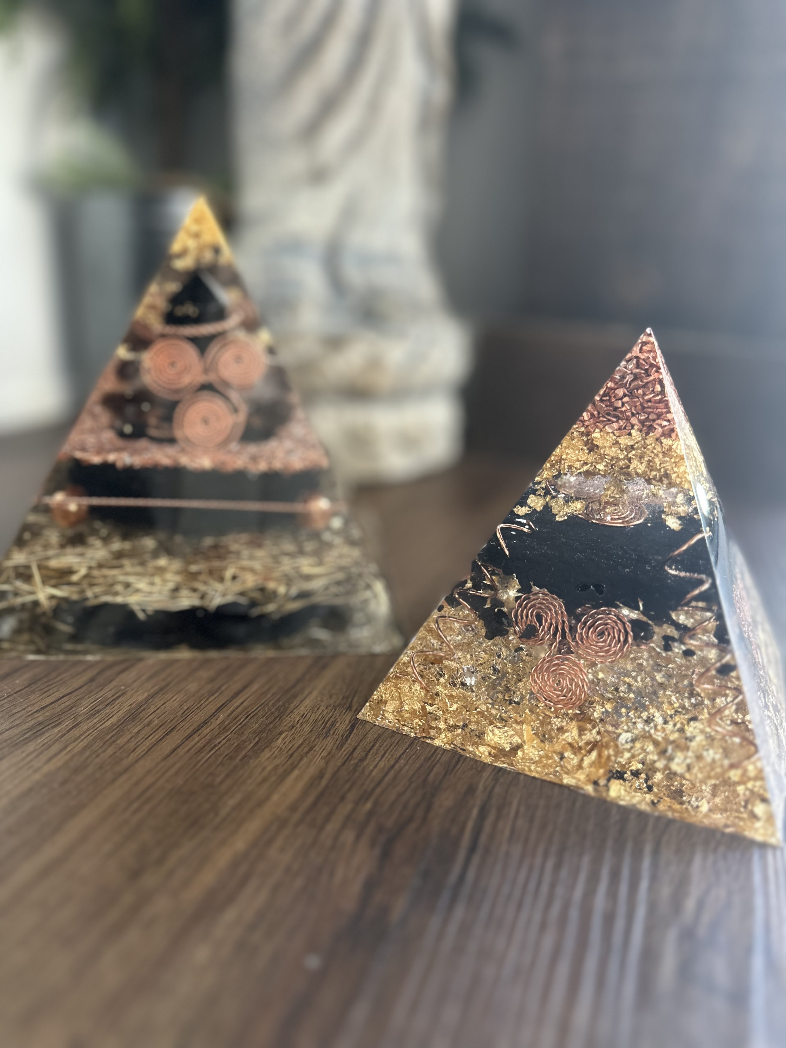Handmade small orgonite pyramid with black tourmaline and copper, crafted by The Northern Daisy in Maine