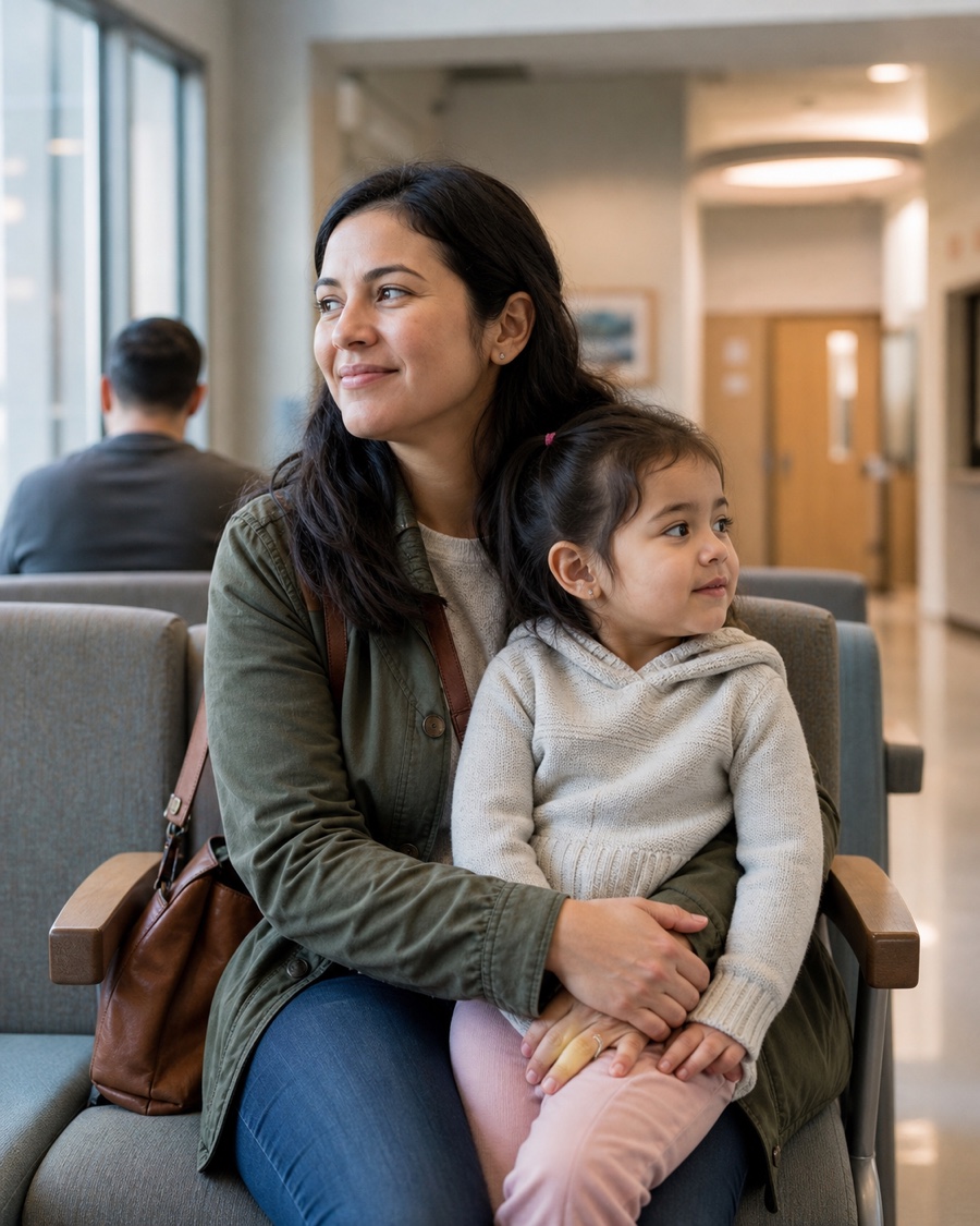 Parent and child in a healthcare waiting area