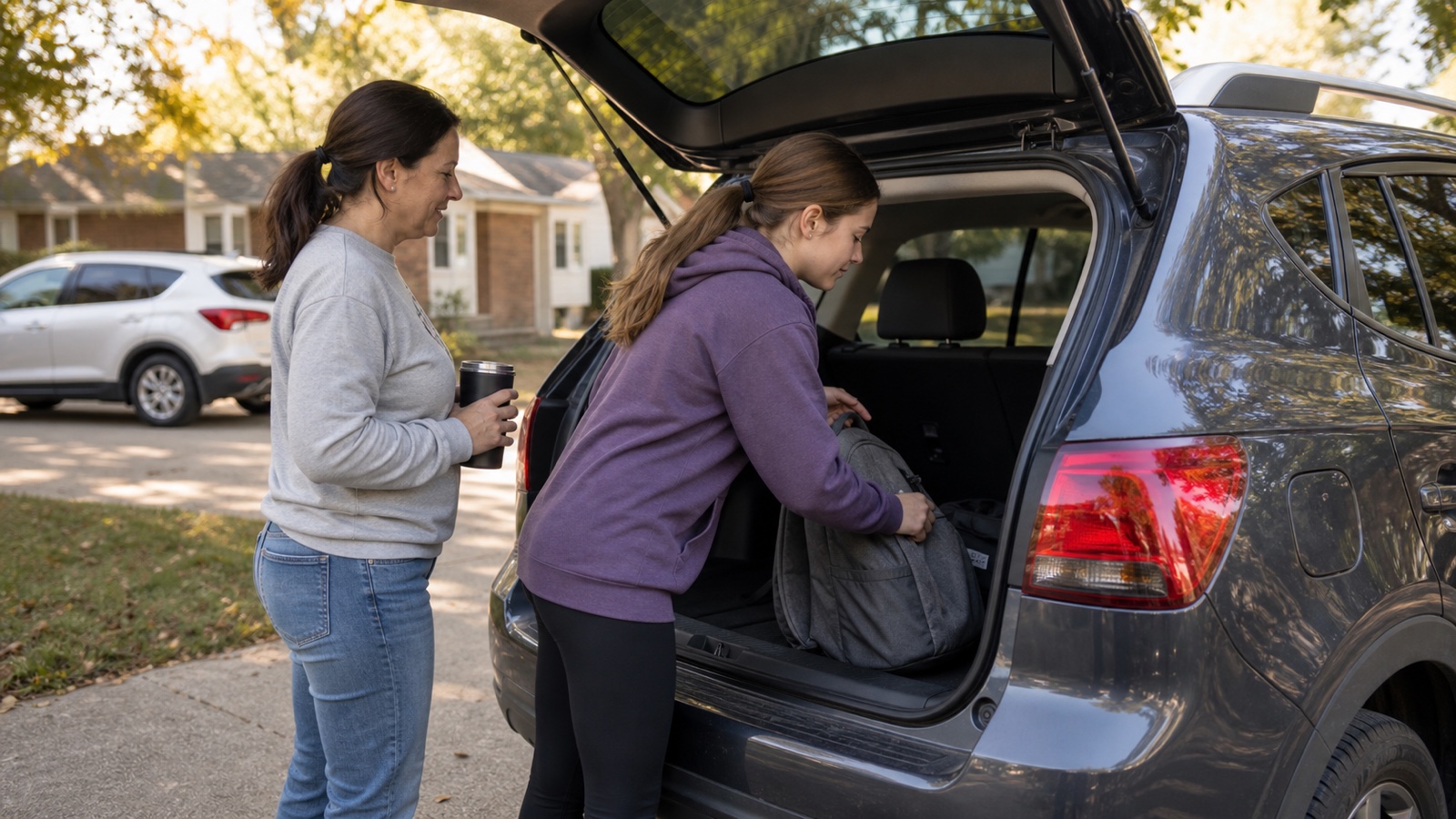 Household reviewing auto insurance declaration pages, vehicle keys, drivers, limits, and deductibles