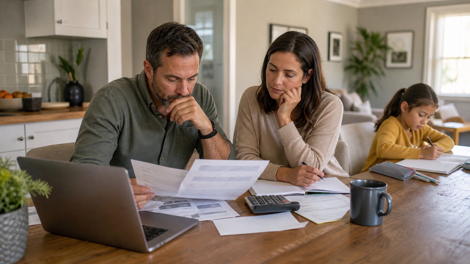 Family reviewing income, mortgage, childcare, debt, and life insurance responsibilities together