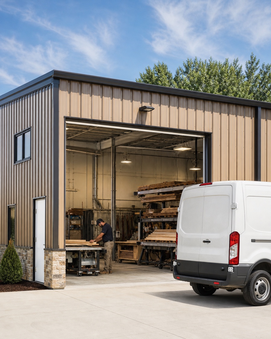 Commercial building and work vehicle at a Missouri business